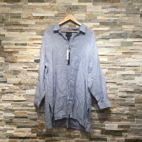 Tahari Tops - Tahari 2X Linen Button-Up Shirt | Roll-Tab Sleeves, Lightweight, Blue NWT